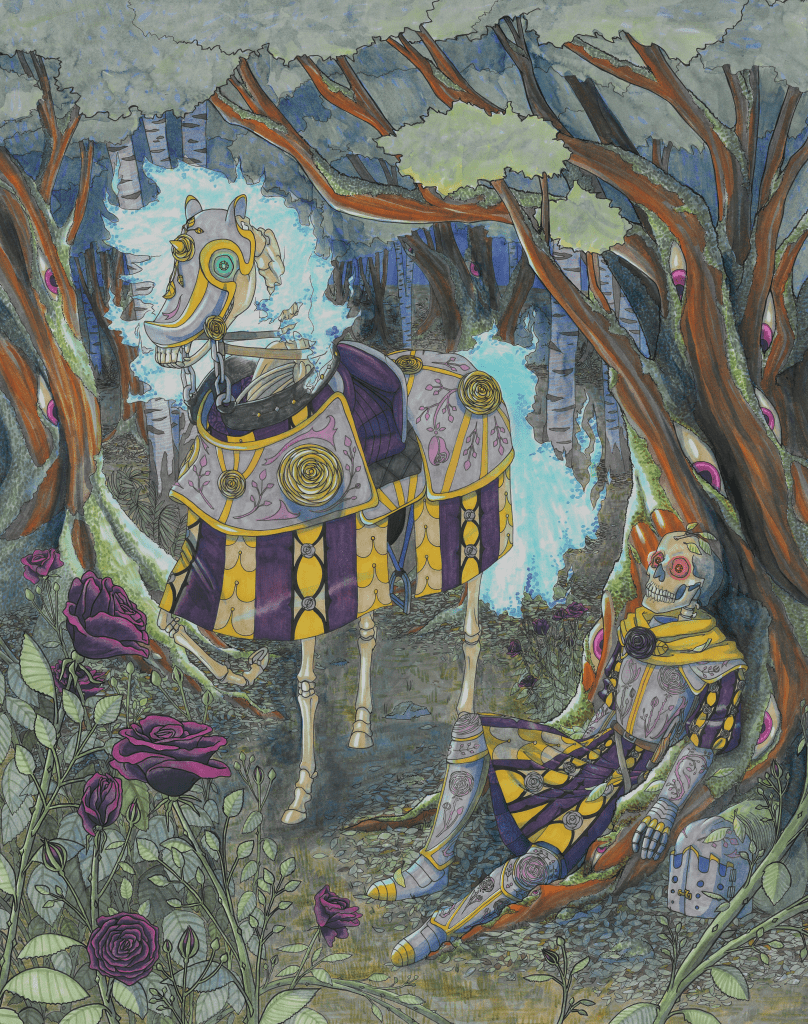 This 18x24 in. piece finished with ink, Copic marker, and watercolor features skeleton knight Sir Ludo and his horse Mila in a haunted wood.